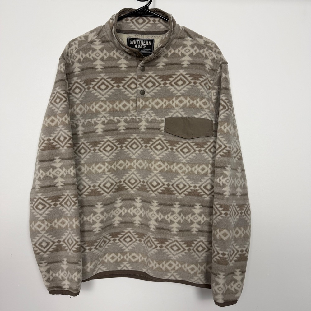 Southern Grit Mens Fleece Pullover Southwestern Aztec Snap Neck Tan Brown Medium